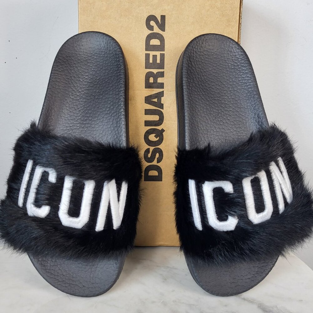 NWB~$825~DSQUARED2~7.5/8~ICON BLACK WHITE GENUINE  RABBIT FUR SANDALS SLIDES